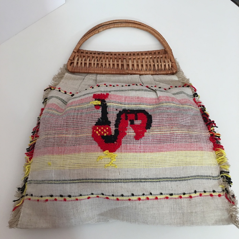 Vintage 1950 Retro Fabric Straw Rooster top handle made in Italy Market Tote Bag - Picture 11 of 14